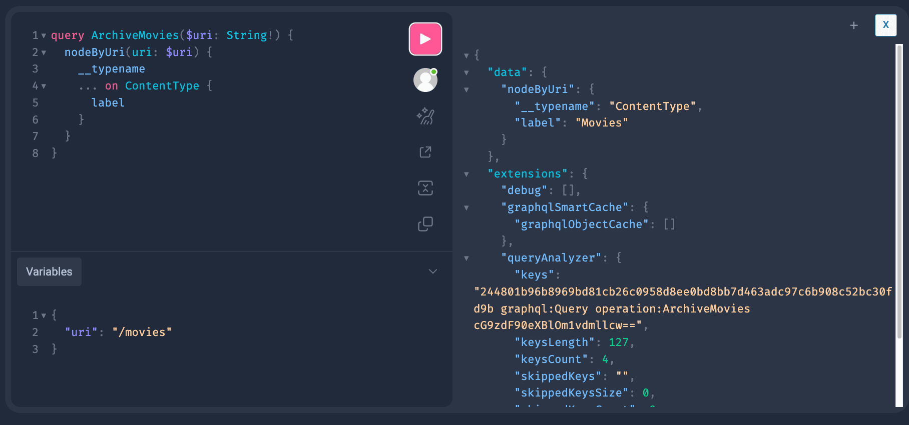 GraphQL IDE response displaying the archive query result for the "Movies" custom post type, confirming its accessibility in WPGraphQL.