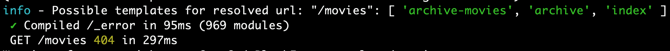 Terminal output listing possible template resolutions for an archive page of a "Movies" custom post type in Faust.js