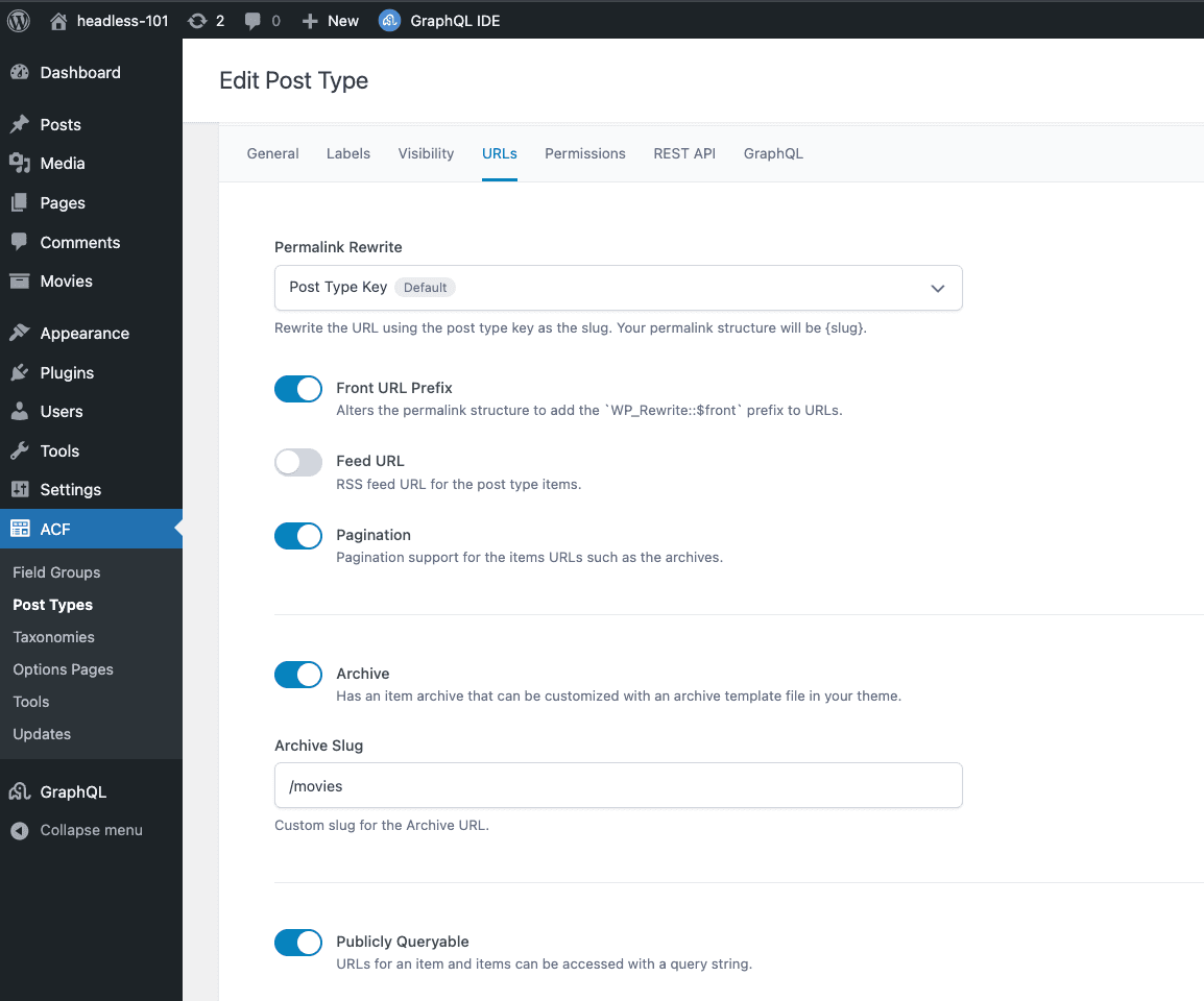 WordPress Custom Post Type settings page with the Archive toggle enabled and the archive slug set to /movies