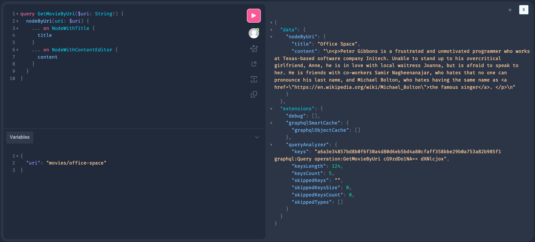 GraphQL IDE response showing a successful query result returning the title and content of a "Movies" custom post type entry.