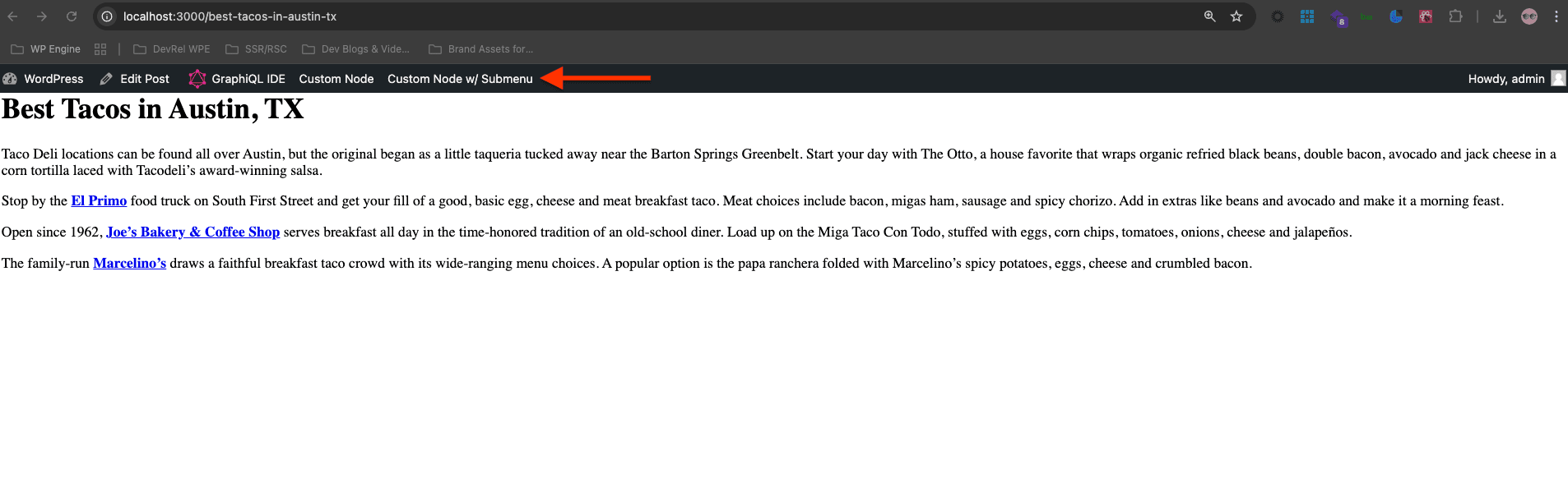 A customized Faust.js Toolbar displaying newly added toolbar nodes, including a custom menu item and a submenu, visible at the top of the page for authenticated users.