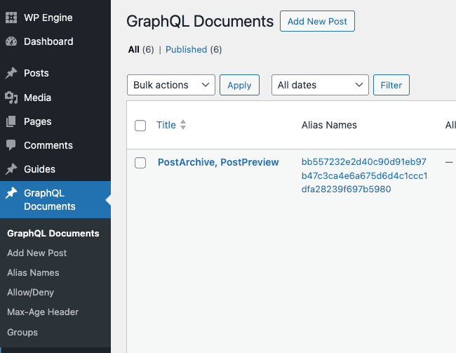 The GraphQL Documents admin page in WordPress, displaying a list of persisted GraphQL queries, including "PostArchive" and "PostPreview," along with their associated alias names.