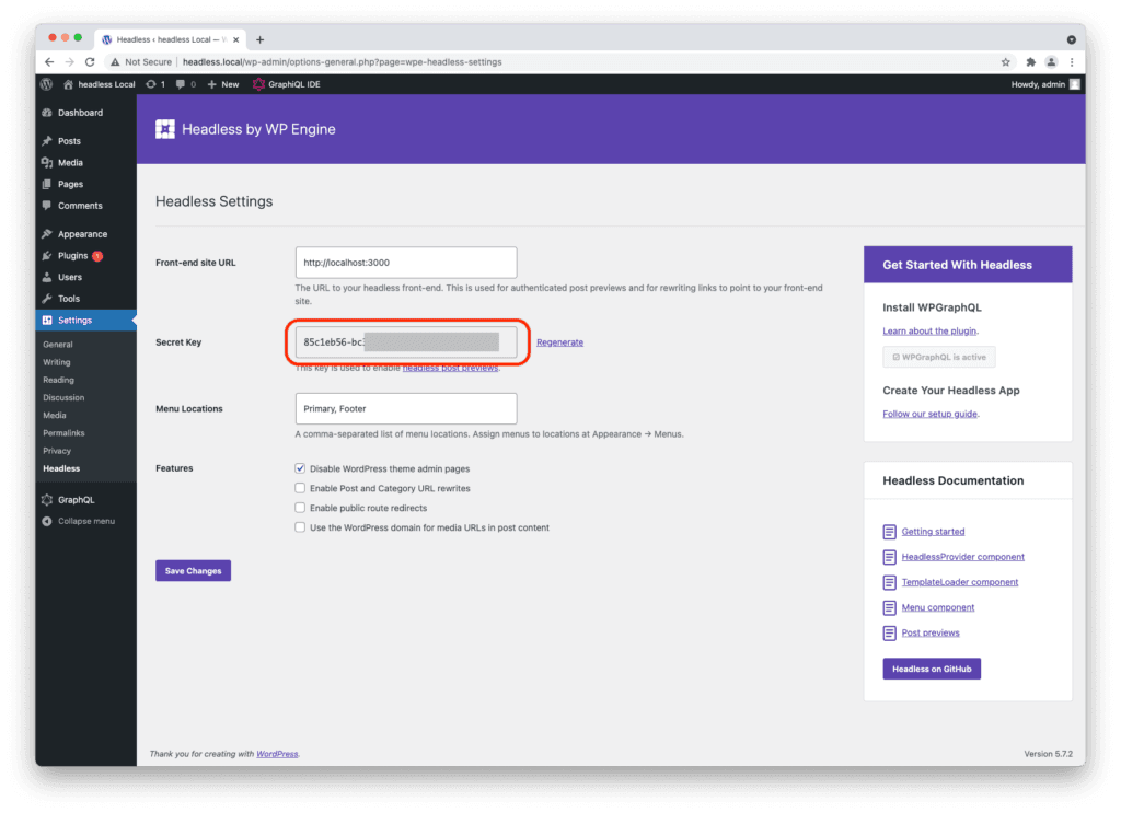 Screenshot of the Headless Settings page in the WordPress admin panel, showing the Faust plugin settings. The Secret Key field is highlighted, which is required to enable authentication features like post previews in Faust.js.