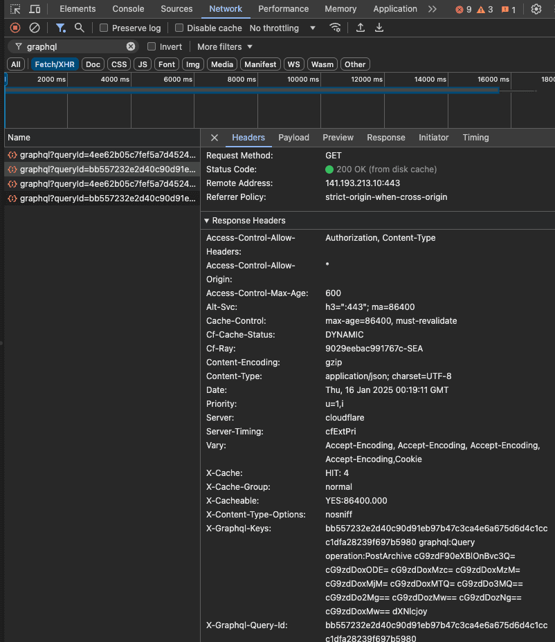 A browser developer tools panel showing network requests for a GraphQL query, including response headers and caching details.