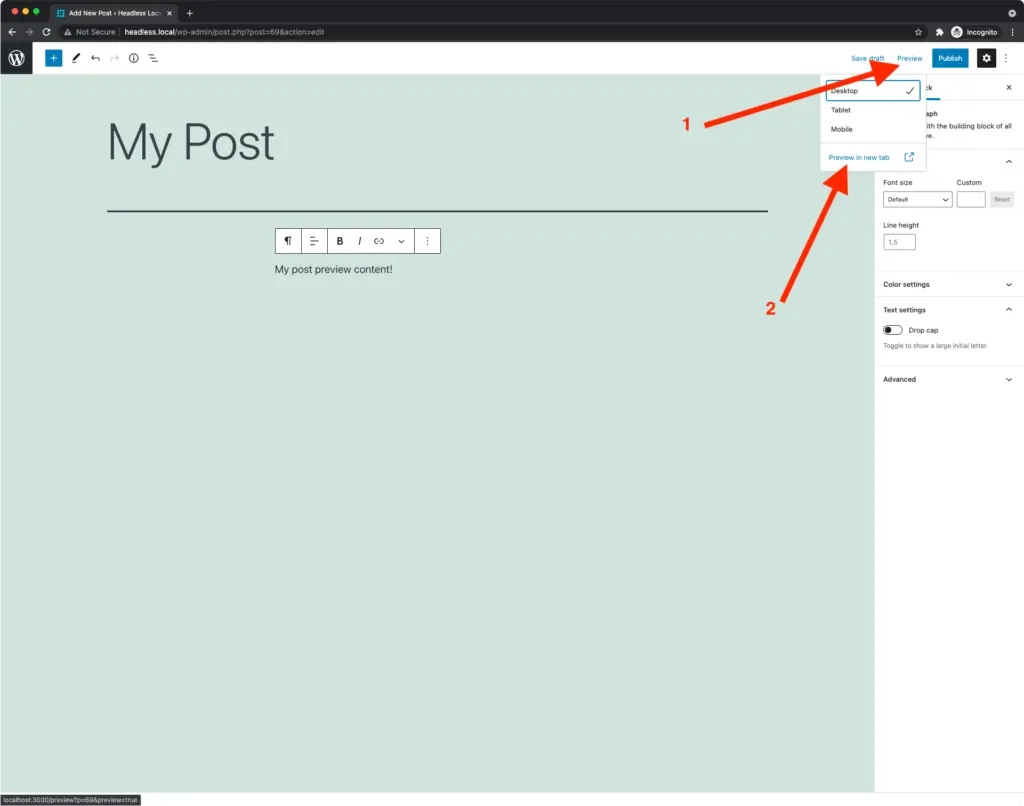 WordPress editor with a draft post titled 'My Post' and a simple text block for post content. The Preview dropdown menu is open, showing options to preview the post on Desktop, Tablet, and Mobile, along with a 'Preview in new tab' option highlighted.
