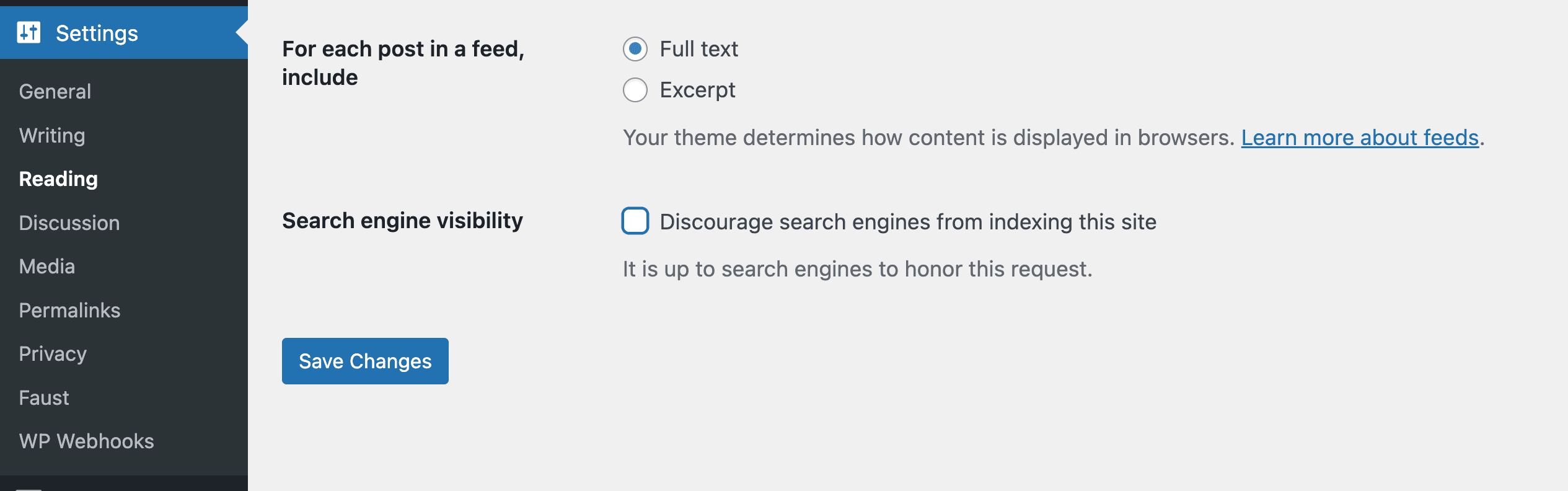 WordPress Reading Settings screen displaying options for feed content inclusion and search engine visibility. The 'Discourage search engines from indexing this site' checkbox is unchecked, ensuring the site is visible to search engines.