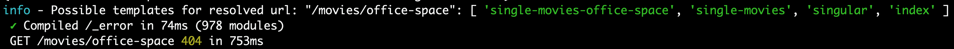 Terminal output showing possible template resolutions for a single custom post type route in a Faust.js application.