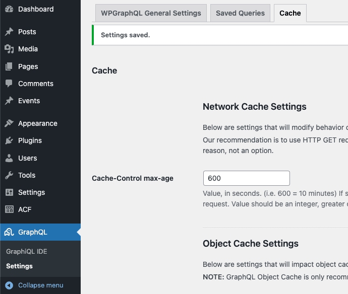 The "Cache" settings tab in the WPGraphQL admin panel, where the "Cache-Control max-age" value is set to 600 seconds for network caching.