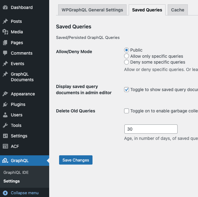 The "Saved Queries" settings tab in WPGraphQL, displaying options for configuring query persistence, including allow/deny mode and the ability to display saved queries in the admin editor.