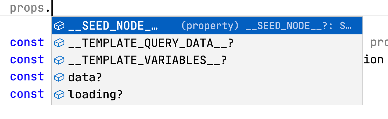 TypeScript auto-complete suggestion in Faust.js, showing the available fields for a GraphQL query's response. The code completion suggests properties like __SEED_NODE__, data, and loading, indicating TypeScript's type inference for the props object.
