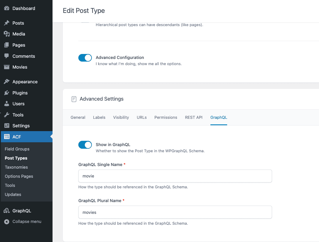 WordPress Custom Post Type advanced settings with the "Show in GraphQL" option enabled for WPGraphQL integration.